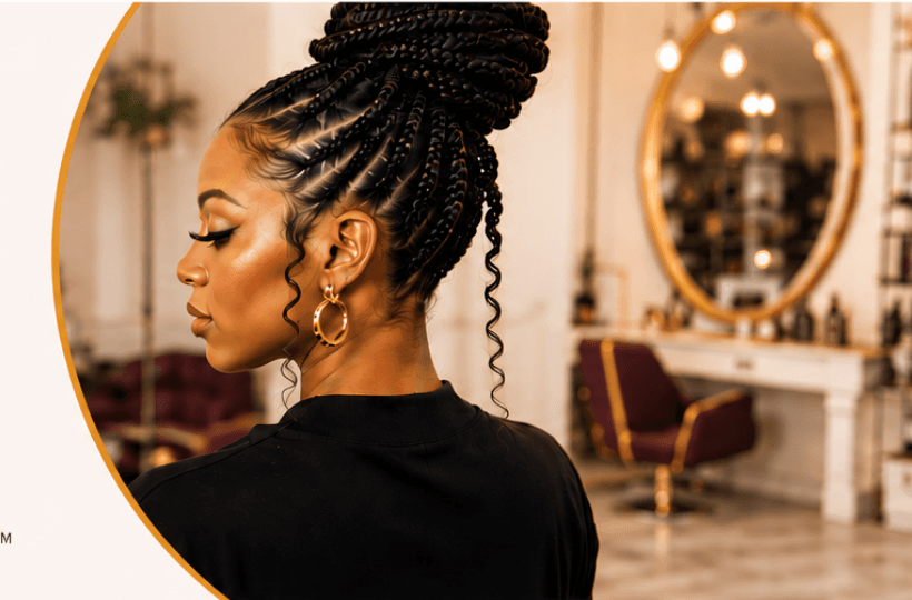 Styled braided hairstyle in a warm salon interior